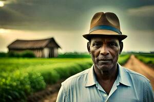 un hombre en un sombrero en pie en frente de un campo. generado por ai foto