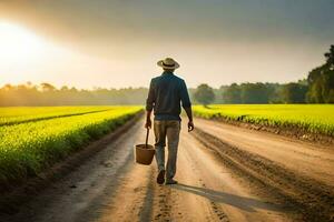 a man walking down a dirt road with a bucket and a hat. AI-Generated photo