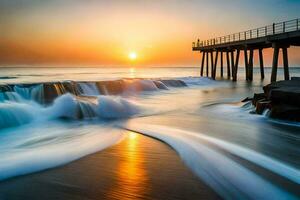 the sun sets over the ocean and waves crash into the shore. AI-Generated photo