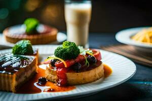 a plate with two desserts and a glass of milk. AI-Generated photo