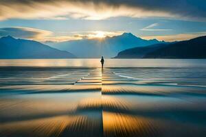 un hombre soportes solo en el apuntalar de un lago a puesta de sol. generado por ai foto