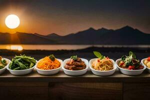 a line of dishes with different foods on a table. AI-Generated photo