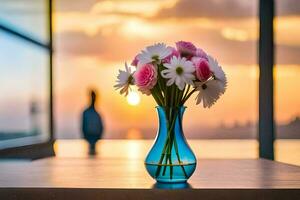 a vase with flowers on a table in front of a window. AI-Generated photo