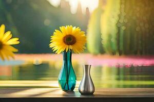 sunflowers in vases on a table near water. AI-Generated photo