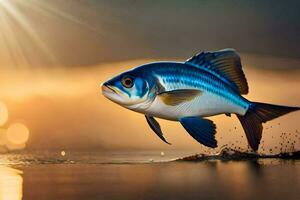 un pescado es saltando fuera de el agua a puesta de sol. generado por ai foto