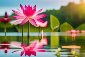 pink lotus flowers in the water with a green background. AI-Generated photo