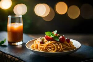 spaghetti with tomato sauce and fresh strawberries on a plate. AI-Generated photo