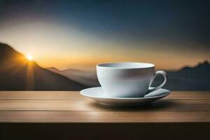 un taza de café en un mesa en frente de un montaña. generado por ai foto