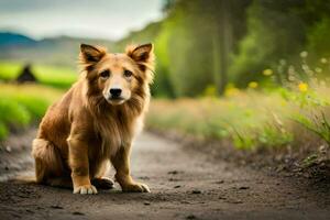 un perro sentado en el lado de un suciedad la carretera. generado por ai foto