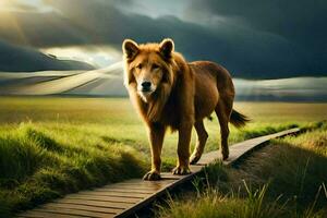 a lion walking on a wooden path in a field. AI-Generated photo