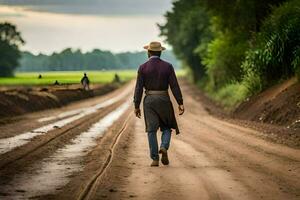 un hombre caminando abajo un suciedad la carretera. generado por ai foto