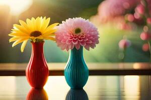 two colorful vases with flowers on a table. AI-Generated photo