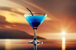 blue cocktail in a glass with sunset in the background. AI-Generated photo
