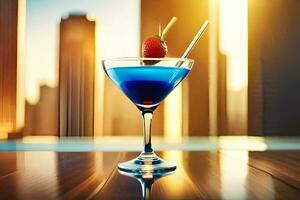 blue cocktail with strawberry on the table. AI-Generated photo