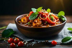 chicken curry in a bowl with tomatoes and spices. AI-Generated photo