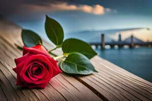 a red rose sits on a wooden table with a view of the bay. AI-Generated photo