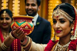 a bride in traditional indian attire holding a pot. AI-Generated photo