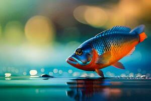 un pescado es en pie en el agua con un brillante antecedentes. generado por ai foto