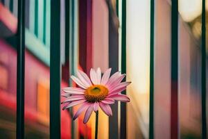 un soltero rosado flor es en pie en frente de un cerca. generado por ai foto