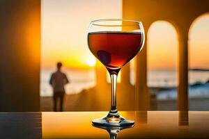 a glass of wine on a table with a man in the background. AI-Generated photo
