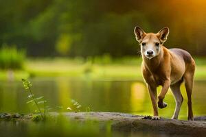 a dog standing on a log in front of a pond. AI-Generated photo