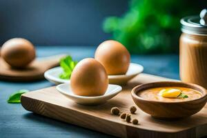 huevos en un de madera tablero con un cuchara y un tarro de maní manteca. generado por ai foto