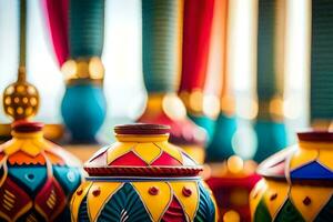 colorful vases are displayed on a table. AI-Generated photo