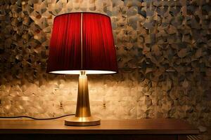 a red lamp on a table in front of a wall. AI-Generated photo