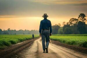 a man walking down a dirt road with a cane. AI-Generated photo