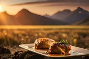 el comida es servido en un plato con un montaña en el antecedentes. generado por ai foto