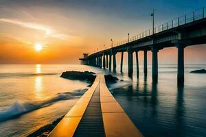 the sun sets over a pier and waves. AI-Generated photo