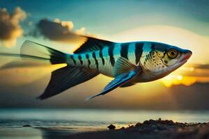 a fish is flying over the ocean at sunset. AI-Generated photo