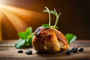 a chicken with herbs and mint on a wooden table. AI-Generated photo