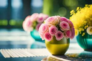 pink roses in vases on a table. AI-Generated photo