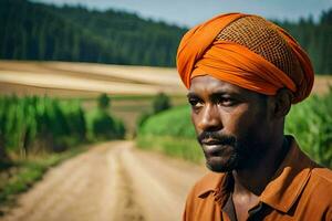 a man wearing an orange turban stands in the middle of a dirt road. AI-Generated photo