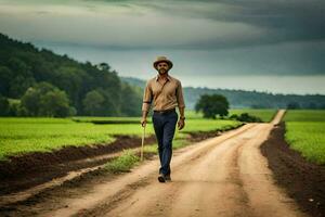 a man walking down a dirt road in a field. AI-Generated photo
