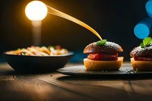 dos mini hamburguesas en un plato con salsa siendo vertido terminado a ellos. generado por ai foto