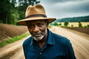 an older man wearing a hat standing on a dirt road. AI-Generated photo