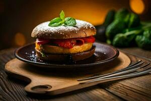 un hamburguesa con vegetales en un de madera mesa. generado por ai foto