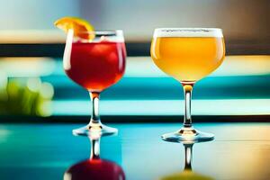 two glasses of different colored drinks on a table. AI-Generated photo