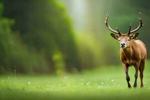 a deer with large horns walking through a green field. AI-Generated photo