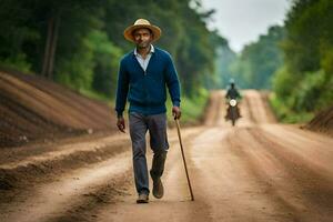 un hombre caminando abajo un suciedad la carretera con un caña. generado por ai foto