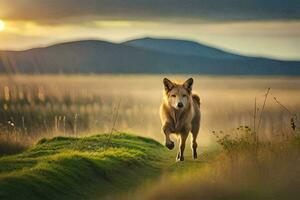 a dog running across a field at sunset. AI-Generated photo