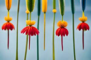 colorful flowers are hanging from a string. AI-Generated photo