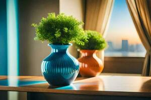 dos floreros con plantas en un mesa en frente de un ventana. generado por ai foto