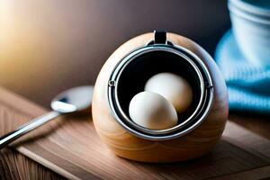 two eggs in a wooden egg holder on a cutting board. AI-Generated photo