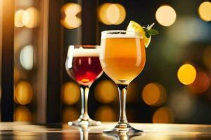 two glasses of alcohol sit on a table in front of a blurry background. AI-Generated photo