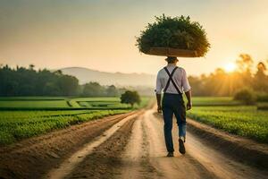 un hombre que lleva un cesta de plantas en su cabeza caminando abajo un suciedad la carretera. generado por ai foto