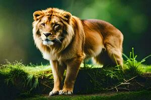 the lion is standing on the grass in the forest. AI-Generated photo