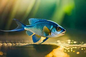 a blue fish is walking on the water. AI-Generated photo